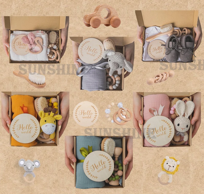 Hot sale new Diy baby gift baby shower gift set Milestone cards muslin comforter blanket Towel Baby Rattle Teething Toy Bathing