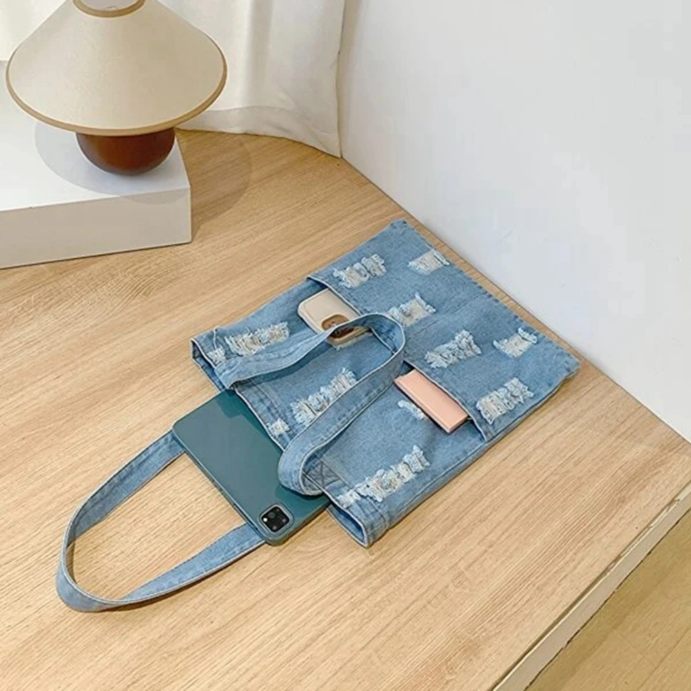 Eco-friendly Big Supermarket Handbags Reusable Grocery Daily Casual Denim Jeans Shopping Bag