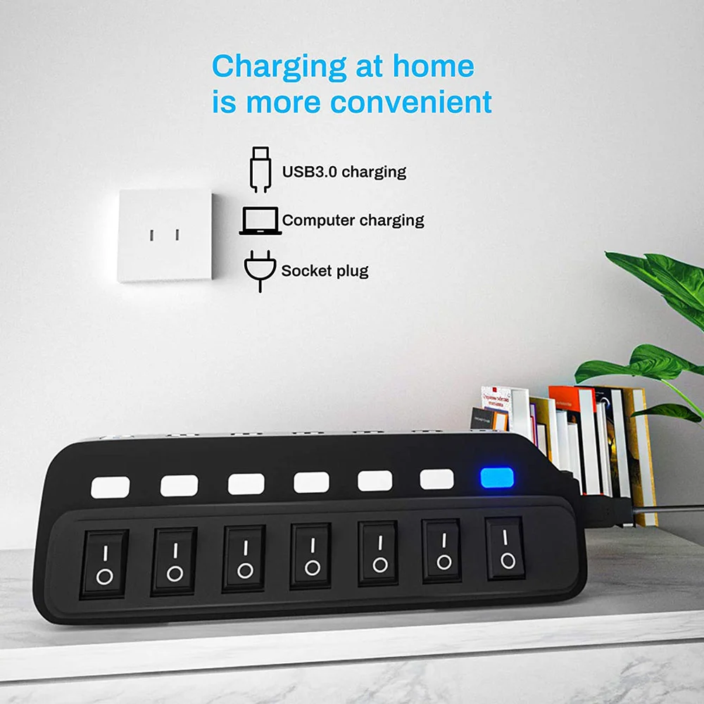 High Quality Multi Port USB Splitter 7 Ports Usb 2.0 7 In 1 USB-C Pd HUB With High Speed ON OFF Light Switch