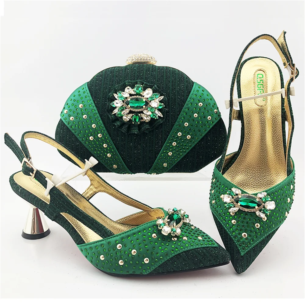 Italian style ladies party shoes with matching bags set flat heel platform shoes decorated with stones  EF39