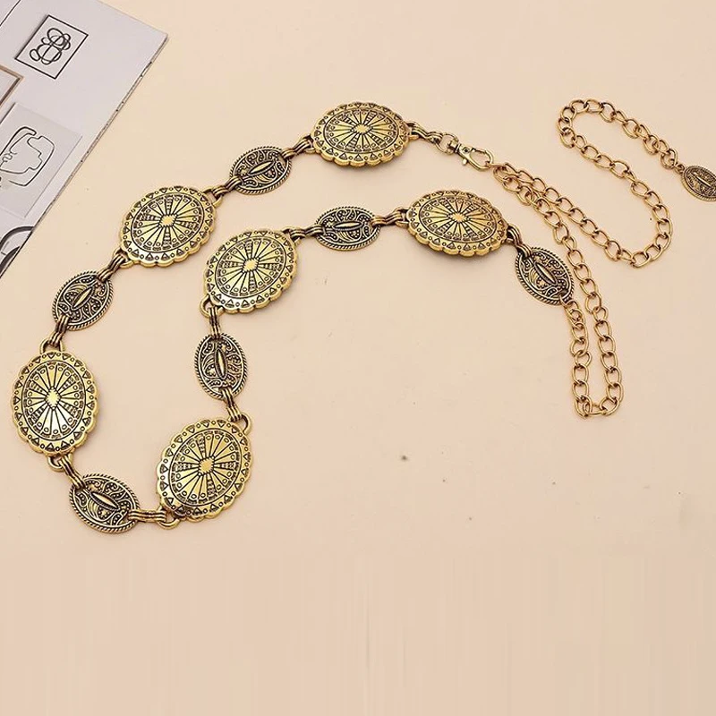 New Metal Waist Chain Bohemian Ethnic Style Chain Belt Metal Link Western Cowgirl Turquoise Chain Belt for Dress Shirts