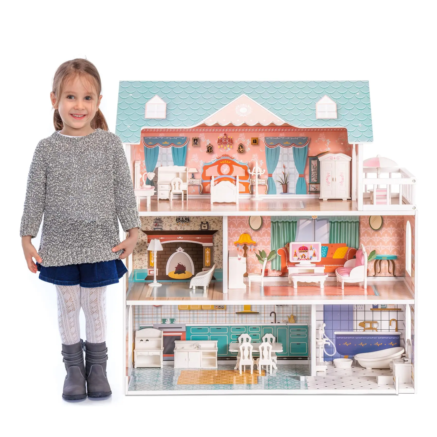 Luxury Wooden Kids Dollhouse with 34-Piece Accessories, Working Elevator and Garage, Easy Assembly , Role Play Gift for Ages 3+