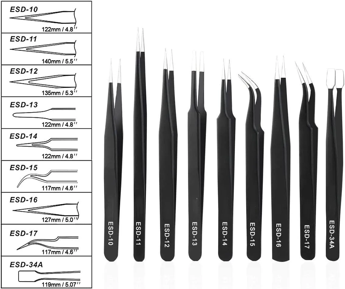 9PCS Black ESD Stainless Steel Tweezers Kit Precision Anti-static Maintenance Tools for Electronics Jewelry Phone Repairing