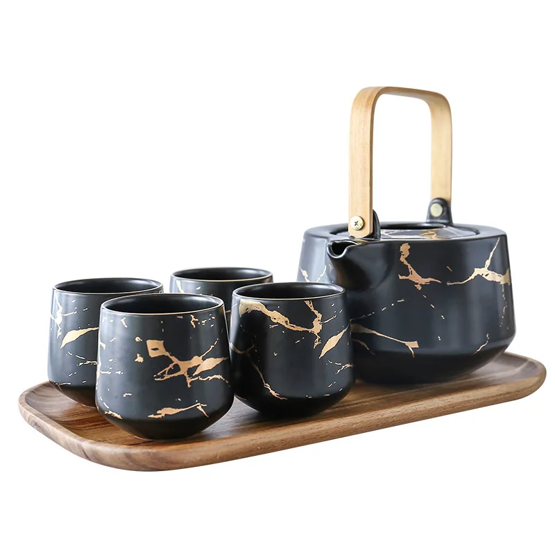 Flypeak Hot Selling Nordic Marbled Household Tea Set Japanese Black And White Porcelain Ceramic Teapot Set