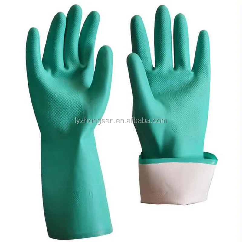 Hot sell Industrial Safety cut glove acid and alkali resistant long cuff green Nitrile coated Gloves