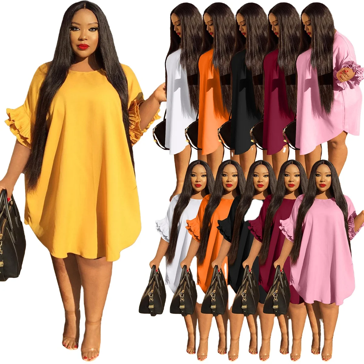 Wholesale XL-5XL Plus Size Women Clothing Solid Loose Casual Dresses Ruffles Sleeve Midi Dress For Ladies