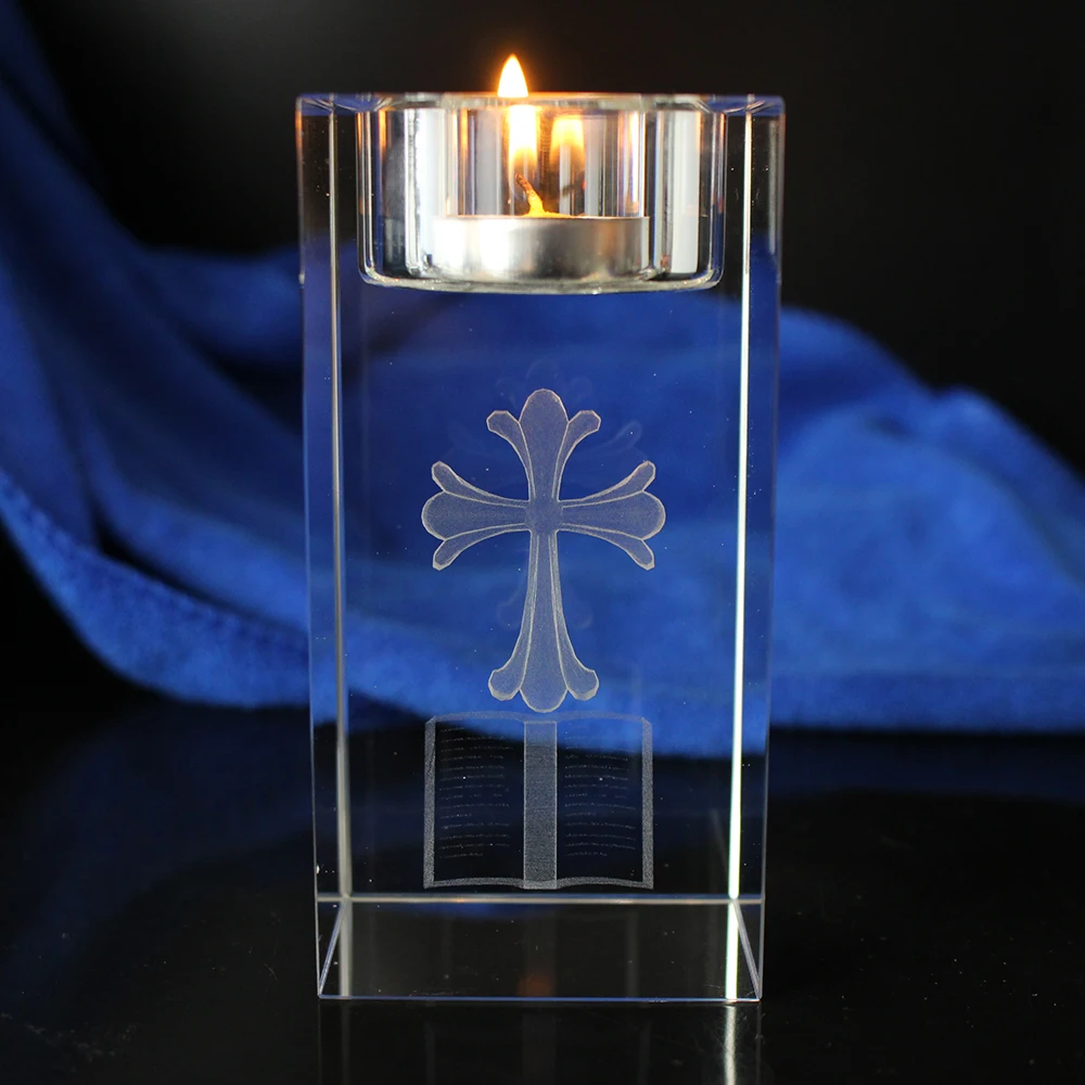 Wholesale Crystal Glass Block Jesus Cross Candle Holder For Religion Gift