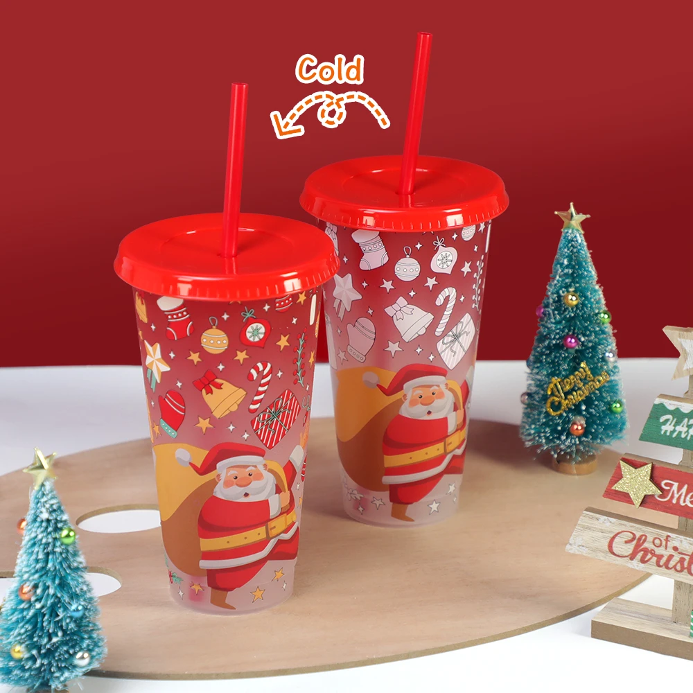 New product Christmas glass 24oz plastic coffee cold color changing cup gift santa christmas mug