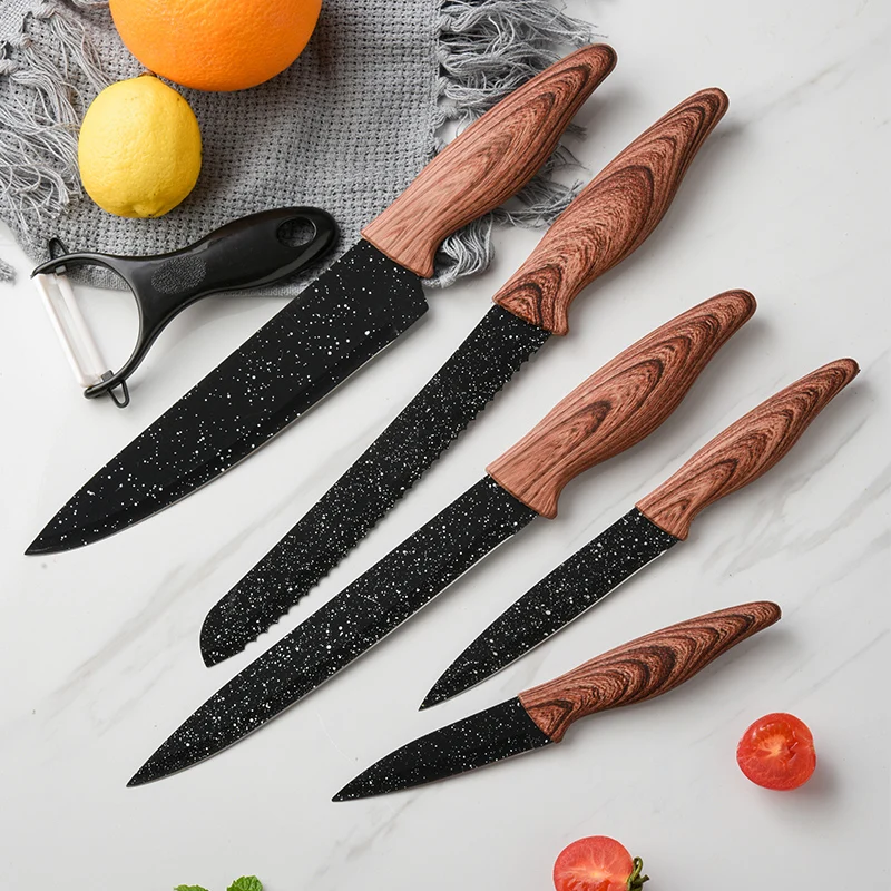 Exclusive In Stock 6 Pieces Wood Grain Handle Kitchen Knife Set Non-stick Coating Knife Set Wooden Handle Knives With Gift Box