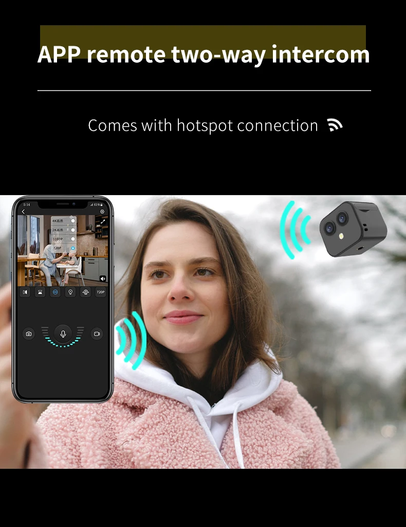 Скрытая мини-камера видеонаблюдения с двойной камерой 4k Wi-Fi дистанционным управлением через приложение углом обзора