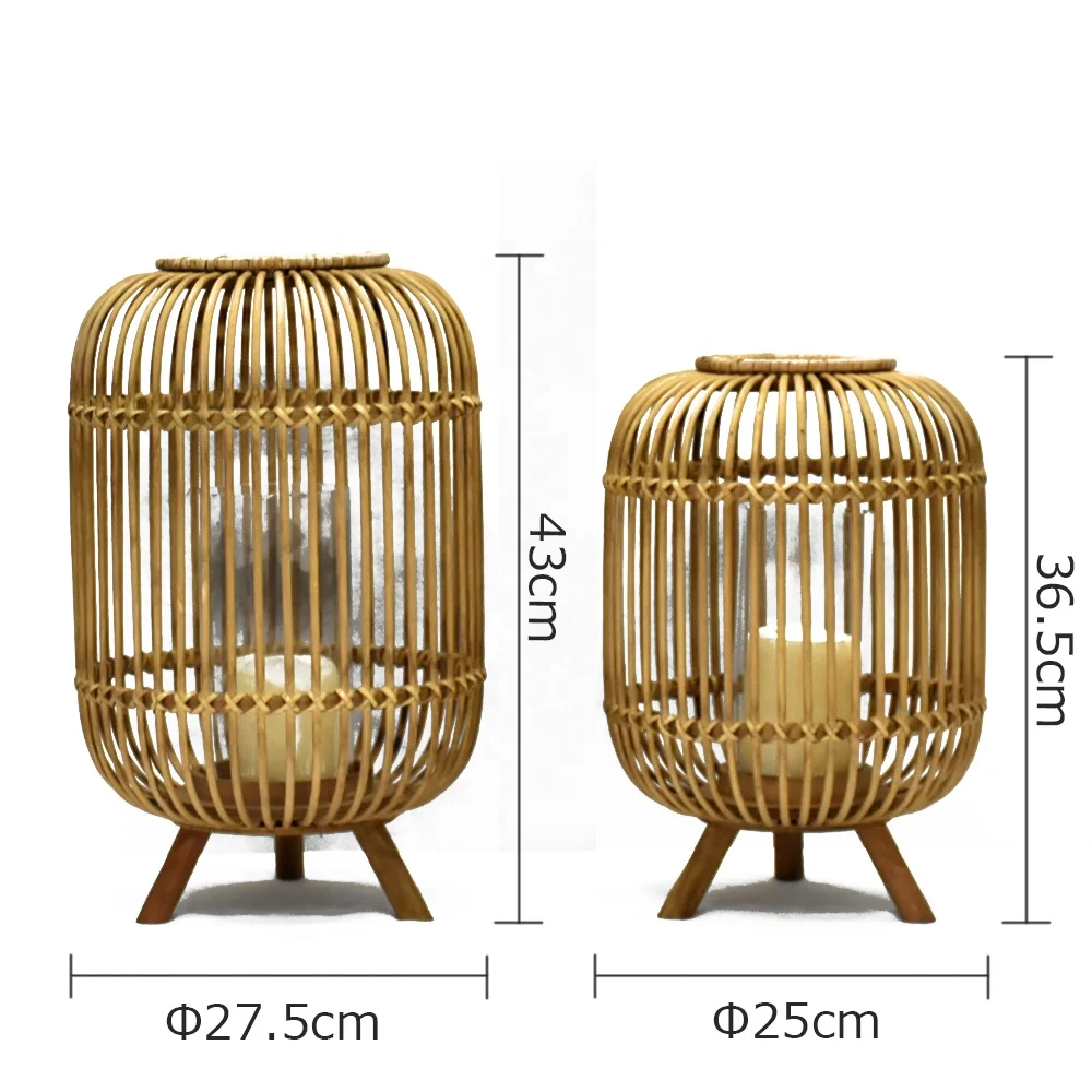 Bamboo Hurricane Lantern Candle Holder Round Vintage Candle Lantern with Stand And Glass Shade For Home Indoor Decorations