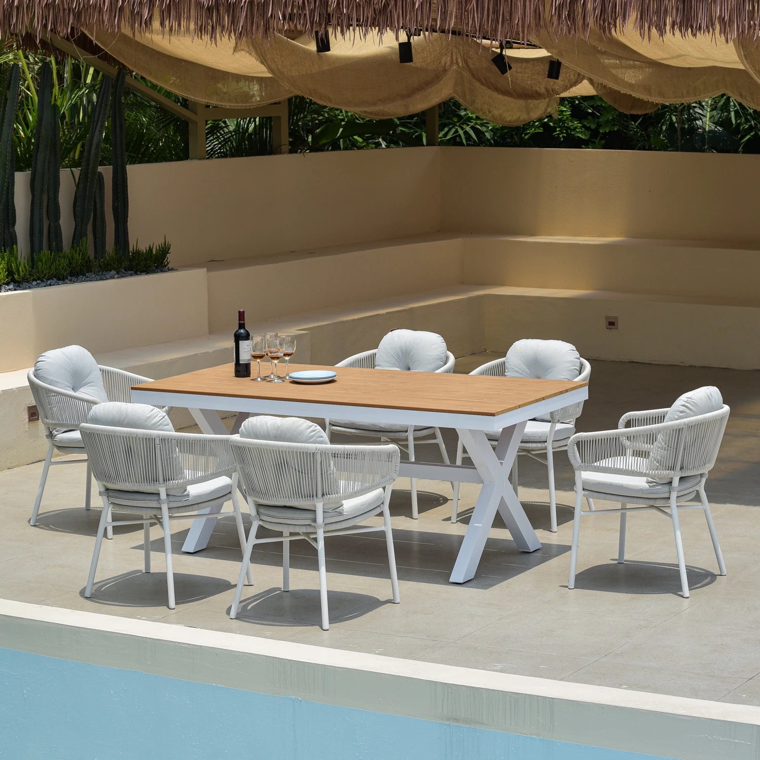 outdoor dining180 cm table sets  4 people garden furniture white color aluminum frame , plastic wood top table and  rope chairs