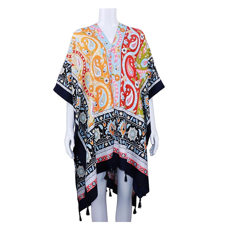 
High quality polyester twill print kimono for women fall season with tassel 