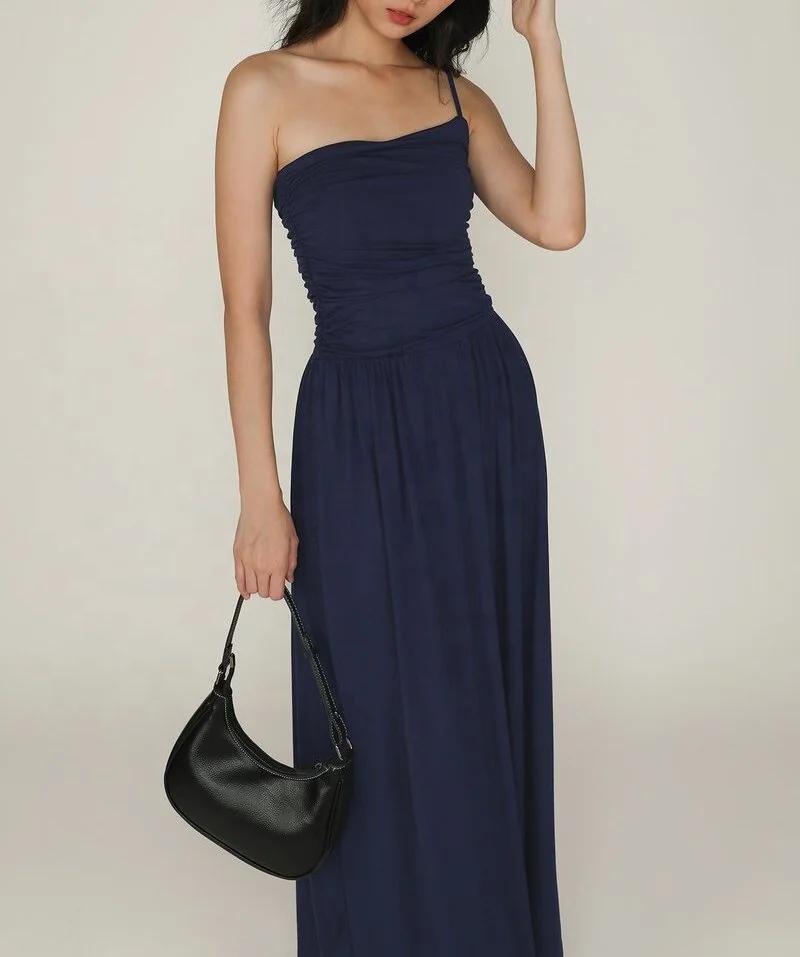 2024 Custom Dark Blue Charm Sleeveless One-Shoulder Spaghetti Strap Pleated Clothing Elegant Drape Slim Woman Dresses Daily Wear