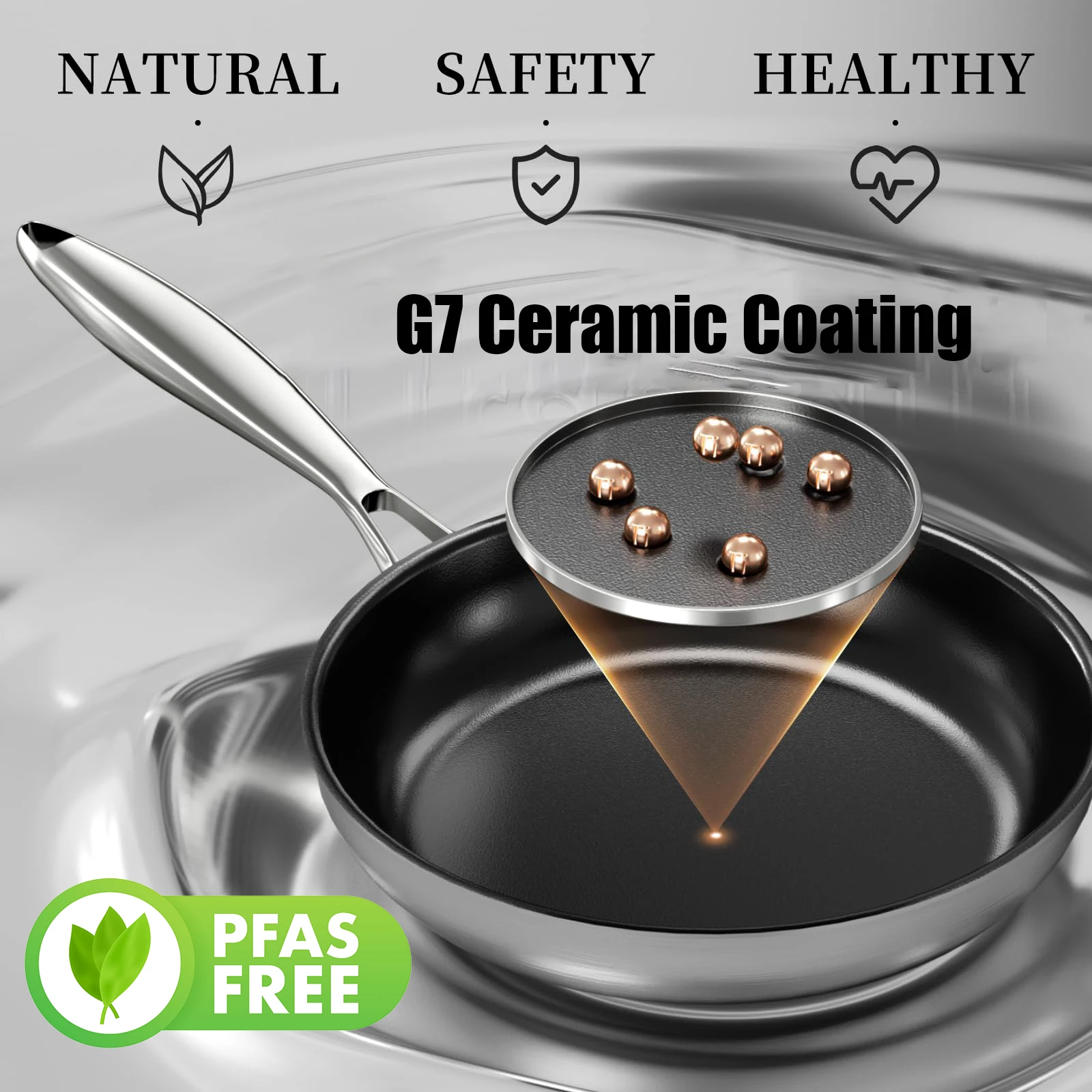 Kitchen Cookware Stainless Steel Ceramic Flat Frying Pan Kitchen Eco-friendly No Toxic Nonstick Saute Pans with Stay Cool Handle