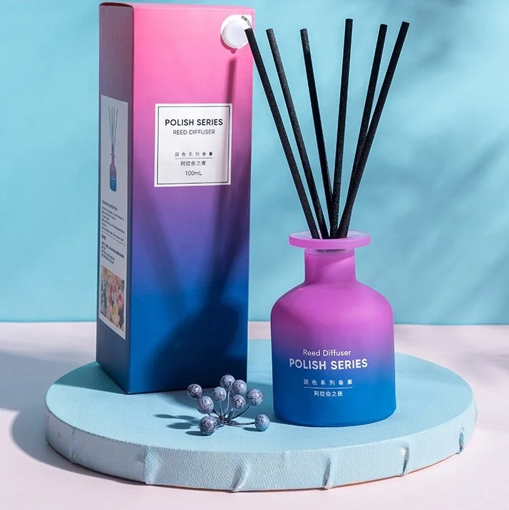 Multi inventory Customized 200Ml Gradient Purple and Blue Glass Essential Oils Diffuser Simple Round Reed Diffuser Bottle