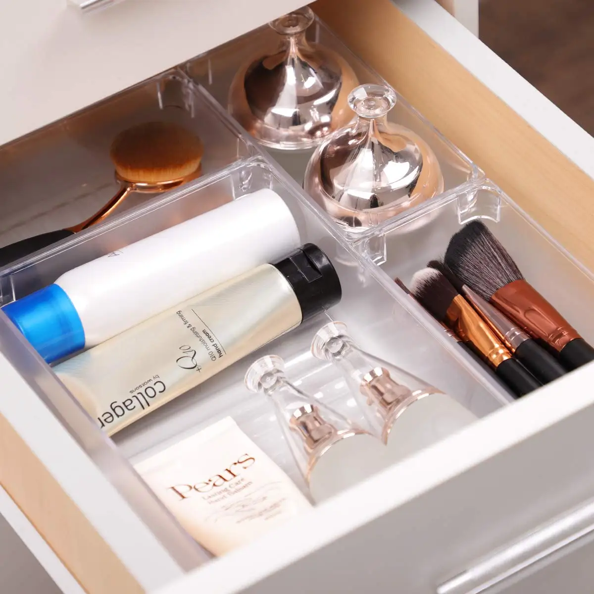 Hot Sale 6 Pieces Set Clear Stackable Plastic Vanity Cabinet Drawer Storage Tray  Acrylic Desk Drawer Bin Organizers