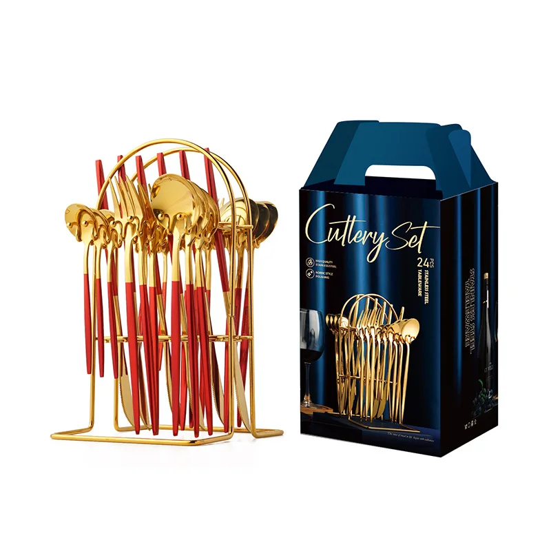 Shopee Hanging Stainless Steel Spoon& Fork Knife Set 24pcs Gold Cutlery Flatware Set With Stand