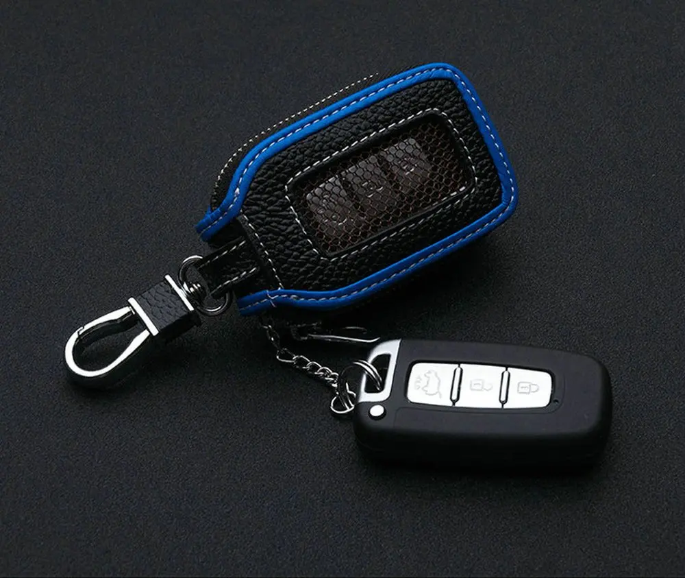 High quality leather automatic key fob holder smart key chain protective cover with metal hook and zipper