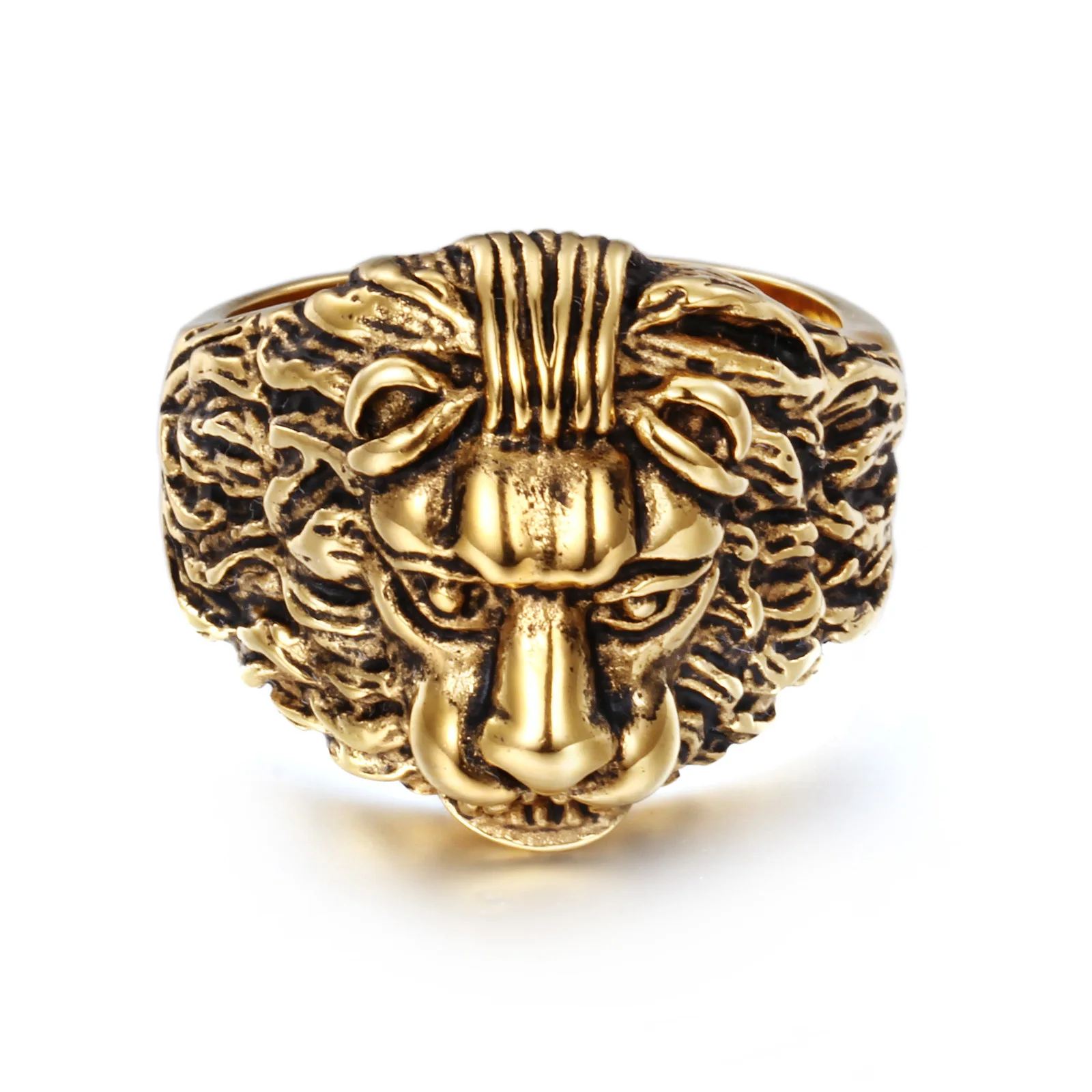 Stylish Plated 18K Gold Biker Finger Lion Head Ring, Wholesale Stainless Steel Lion Head Men Ring#