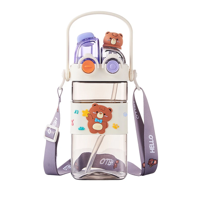 J94 580ml cute doll cartoon kids plastic water bottle with straw strap handle school double drink bear sports bottle for student