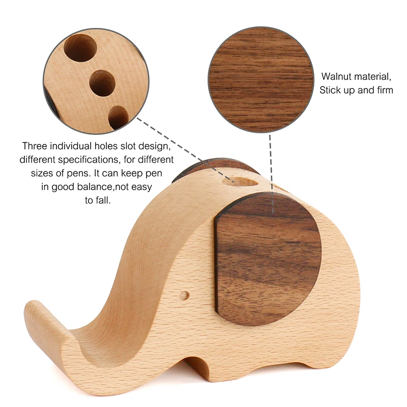 Elephant shape wooden pen holder office desk accessories wooden pencil holder with mobile phone/iphone stand holder