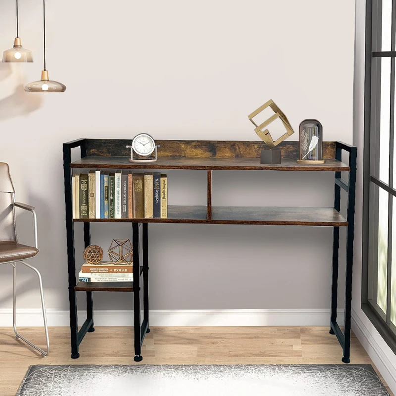 I-Shaped Metal Frame Wood Writing Office Desks Study Table Home Corner Computer Table With Shelves