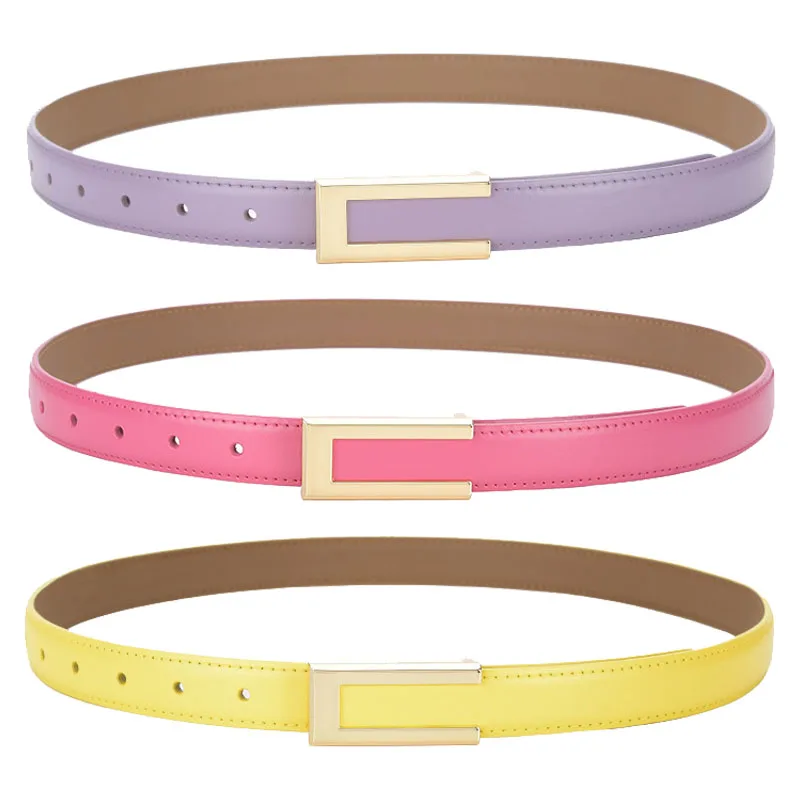 REWIN Fashion 2.4cm Width Skinny Ladies Thin Waist Belts Genuine Cow Leather Belts with Gold Buckle for Dresses Jeans Pants