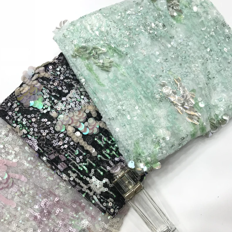 High Quality Bridal Luxury Sequin 3D Embroidery Crystal Rhinestone Beading Lace Fabric for Wedding