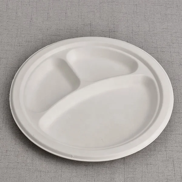 Wholesale Custom Logo Sugarcane Fiber 3 Compartments White Round Charger Plates Disposable Bagasse Fiber Biodegradable Plates