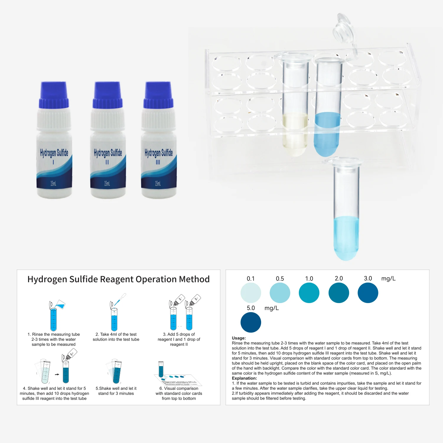 Hydrogen Sulfide Reagent Test Check for Pool Water Testing, Aquarium, Pool, Pond Water Test Kits