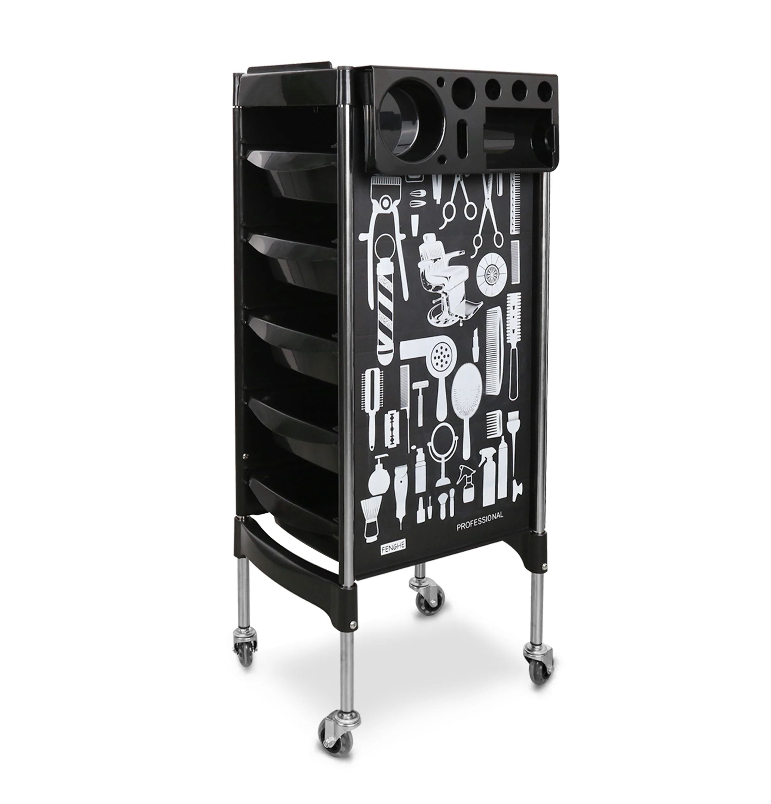Customized logo Stainless steel hairdressing cart  plastic black red white salon trolley