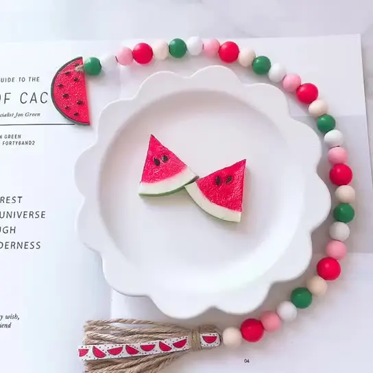 Summer Fruits Style Wood Bead Garland With Tassels & Lemon Tag For Wall Hanging Decor,Tiered Tray Decor