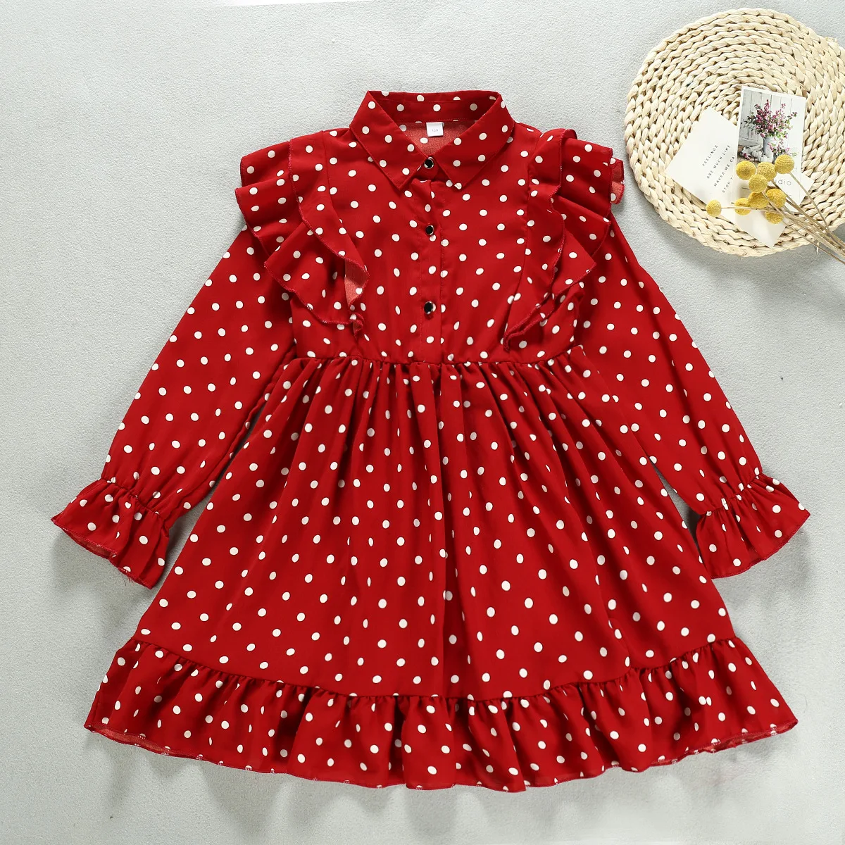 CLW 285 Autumn new girls lapel ruffled long-sleeved polka dot dress kids girls cotton dresses