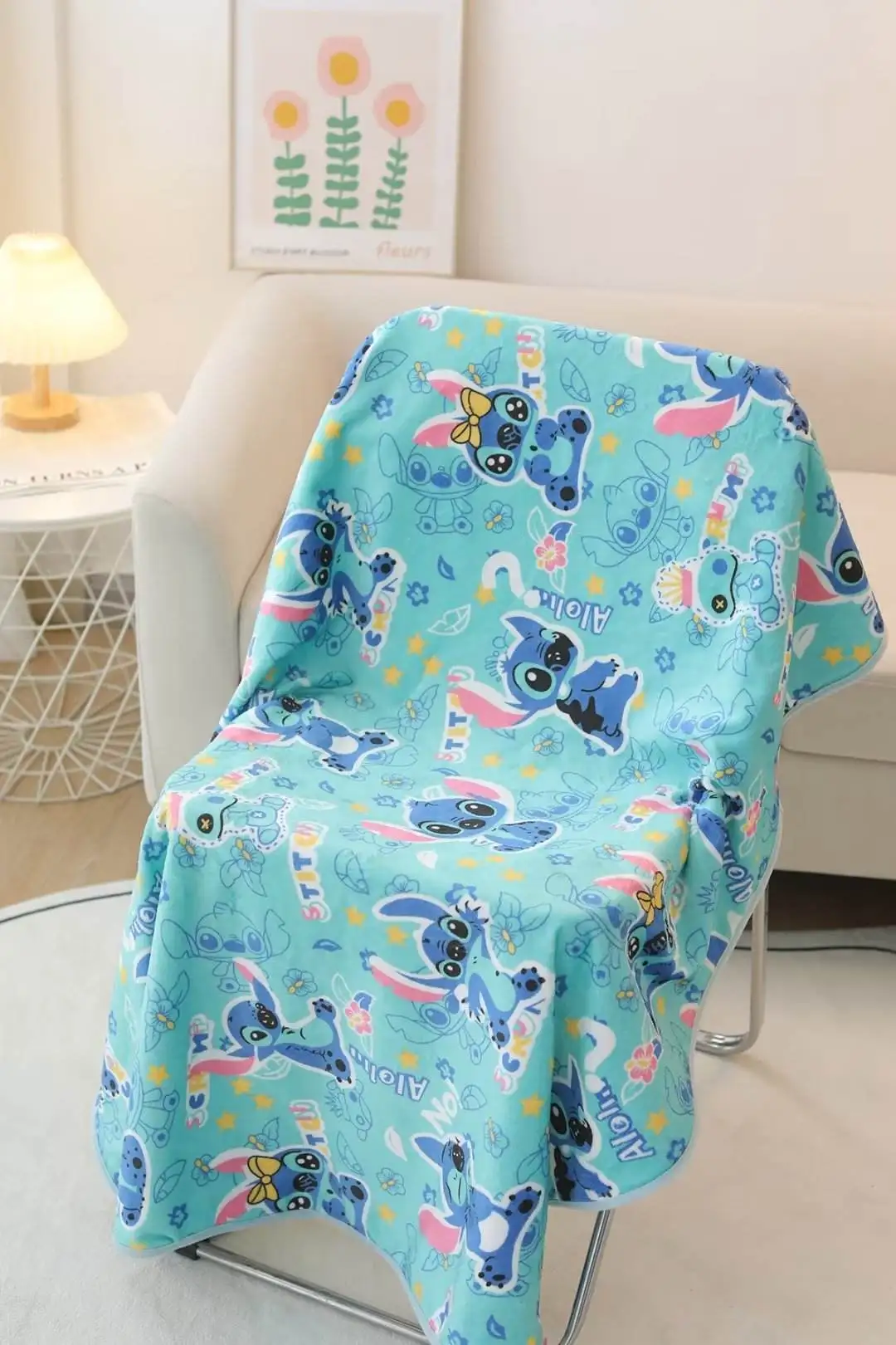 Kawaii Stitch Blanket and Pillow Cartoon Anime Doll with Soft Cotton Plush Toys and PP Filling Nap Blanket for Kid Birthday Gift