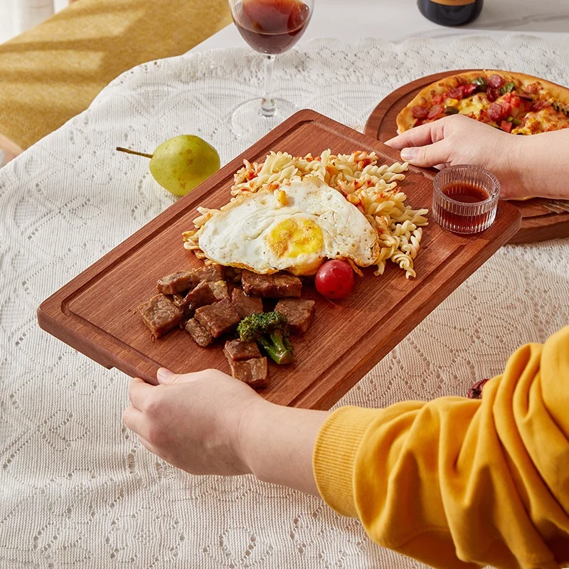 Solid wooden serving trays with handle custom western restaurant rectangular steak wooden plates