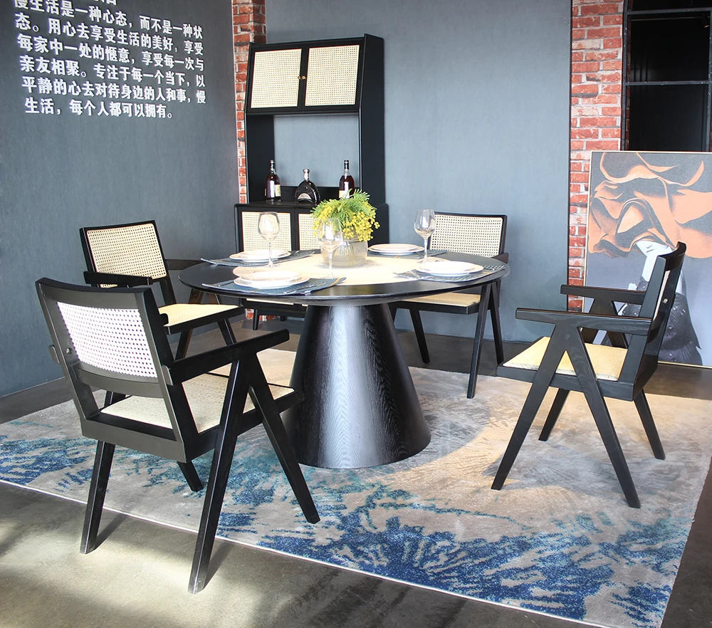 Indoor Nordic Restaurant Hotel Dining Room Weaving Flower Top Wicker Rattan Dining Chair