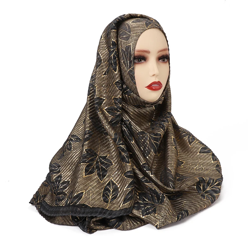 wrinkled design fashion crushed 100% polyester cotton scarf hijab gold leaves pattern women long cotton hijab