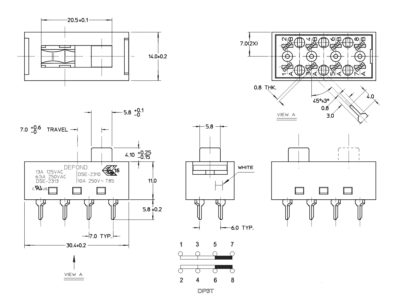 Slide Switch DSE-2310-BAP31-11R On-On 8 Pin  10A AC Power PCB Mounted Micro Switch Wireless Slide Switch
