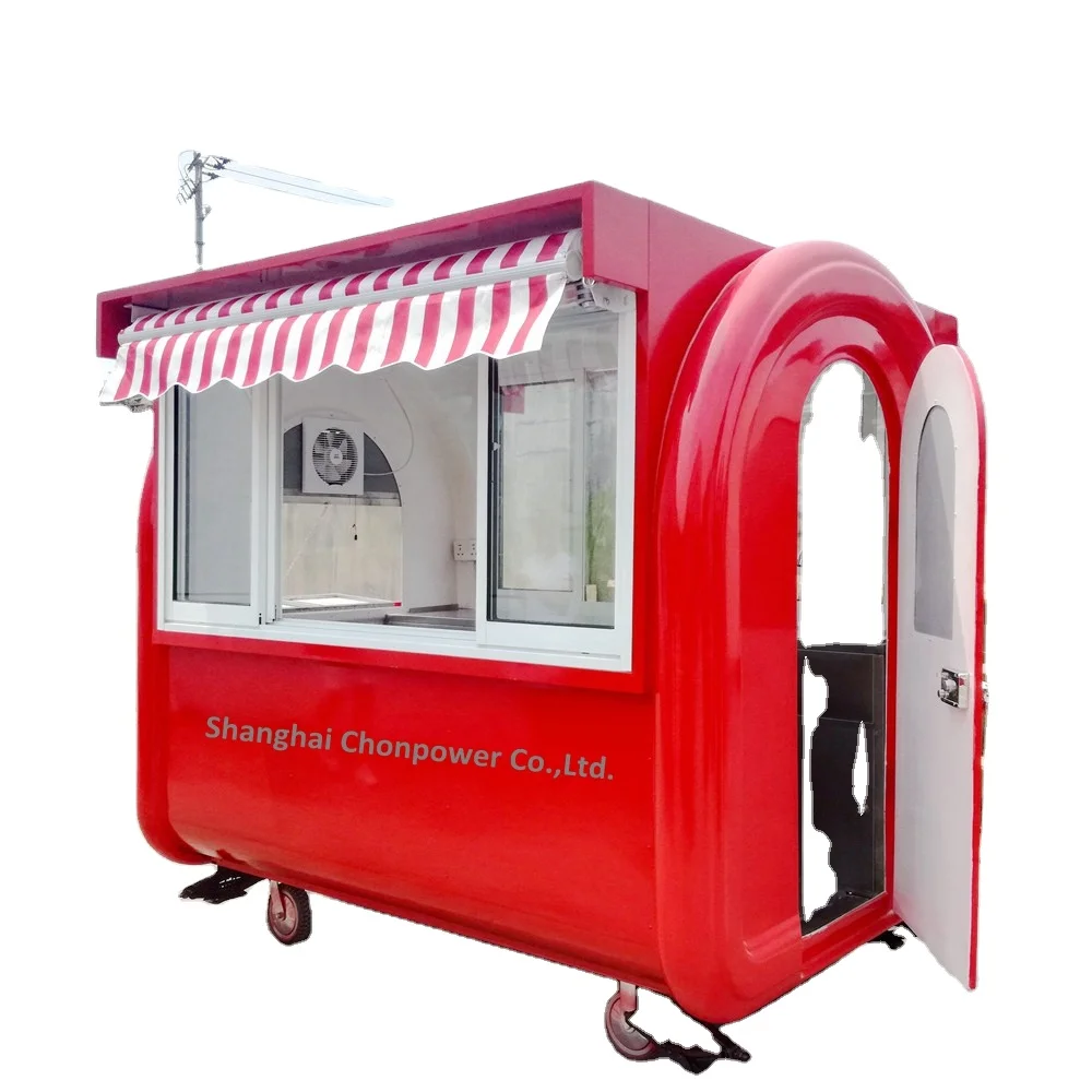 CP-A230165210 Red hand-used food trailer food booth on street running food carts with wheels and canopy