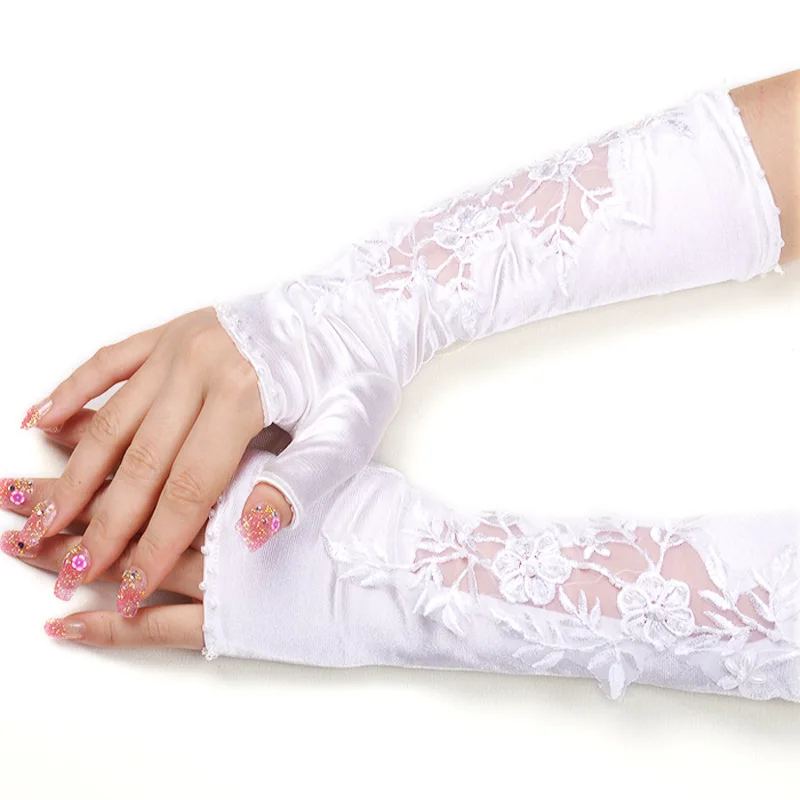 Shipping Free New Fashion  Dew Midi Satin Hand-Sewing Beads Lace Embroidery Flower Hand Cuff Bridal Wedding Dress Gloves