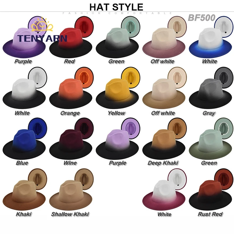 Tenyarn  60 Cm Unisex Print Ombre Wide Brim Fedora Hats Custom Women 100% Wool Mens Fedora Stylish Hats Wholesale