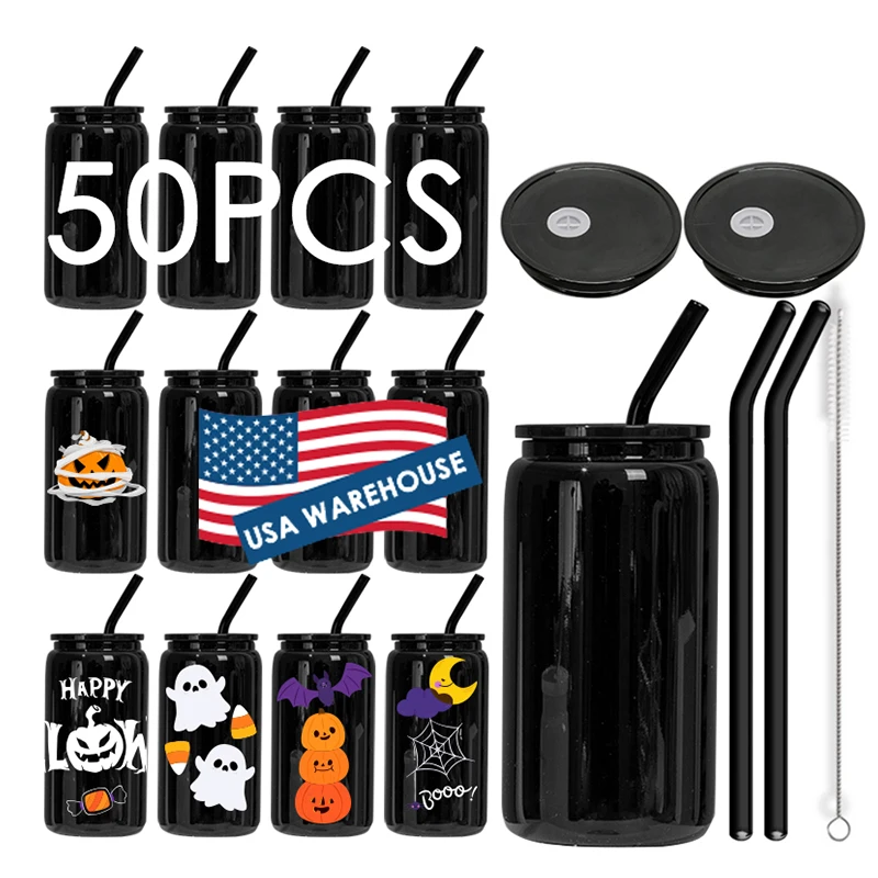 Halloween Gifts Black 16oz Sublimation Blank Coffee Glass Can Tumbler Cups with Plastic Acrylic Lid and Black Straw