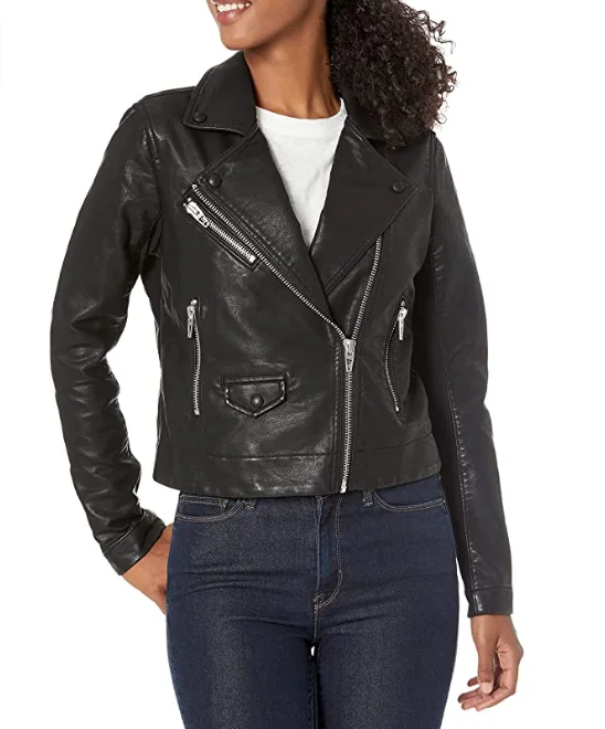 womens Vegan Leather Moto Jacket With Pocket Detail, Comfortable & Stylish Coat