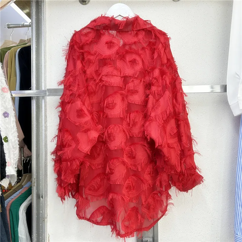 TWOTWINSTYLE Chiffon Blouses Red Christmas Tops Patchwork Feather Loose Fashion Blouse For Women