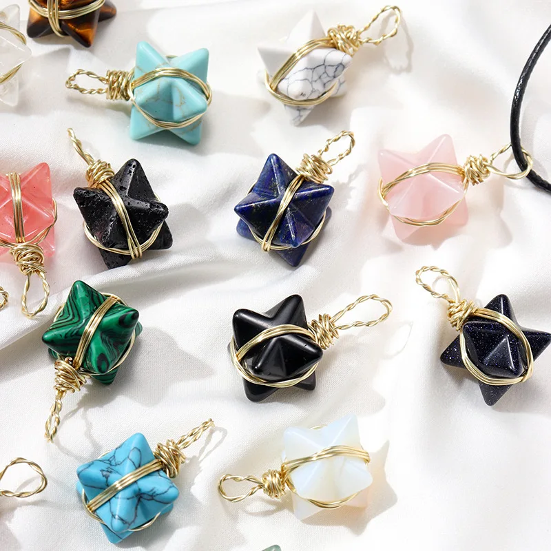 Wholesale Bulk Natural Crystal Gemstone Carved Merkaba Star Gold Wire Wrapped Merkaba Necklace Pendant