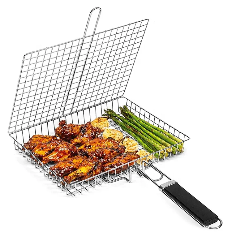 [AMZ HOT Sale]Stainless Steel Grilled Chicken Rack Wire Mesh Net Folder Basket Portable Fish Bbq Grill Set Basket