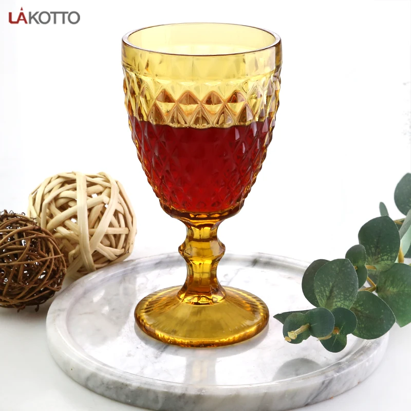 Color Embossed Engraved Glass Wine Drinking Goblet European Style Vintage-inspired Pattern light amber water goblets
