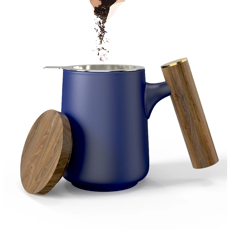 DHPO Ceramic Tea Mug with Infuser and Lid Tea Cup with Filter for Steeping Loose Leaf Handmade Wooden Handle Diffuser Teacup