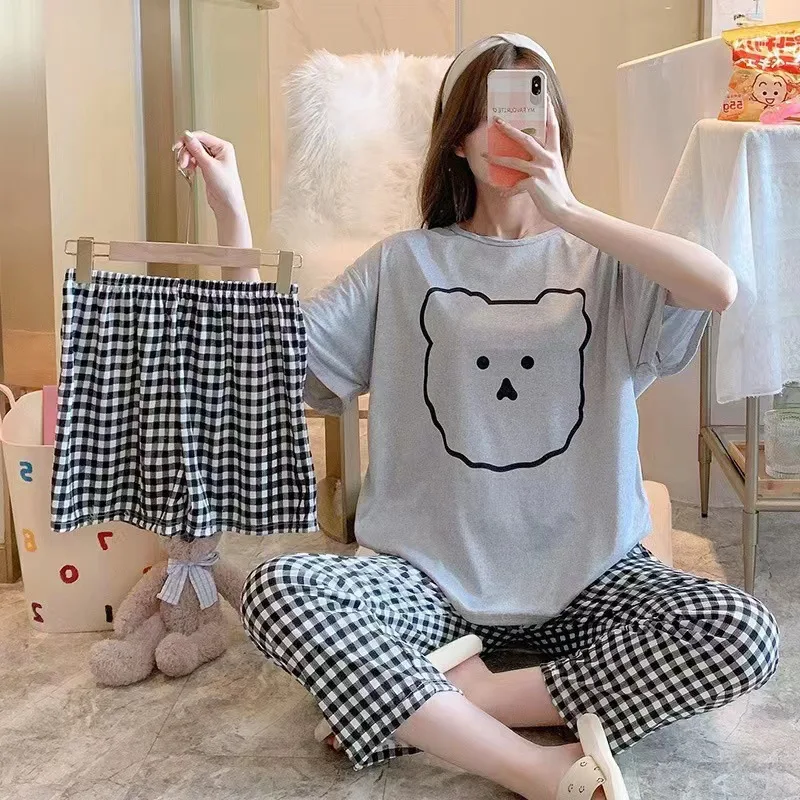 Tik Tok live spring/summer milk silk short-sleeved pajamas cartoon thin three-piece home wear pajamas casual Korean version set